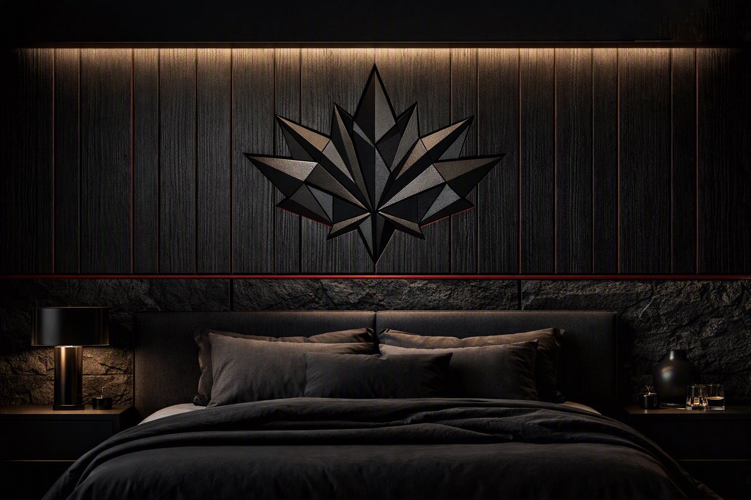 Dark bedroom with vertical charred-timber panelling, a faceted geometric maple-leaf wall sculpture, a stone band and a thin burgundy line running beneath the panelling.
